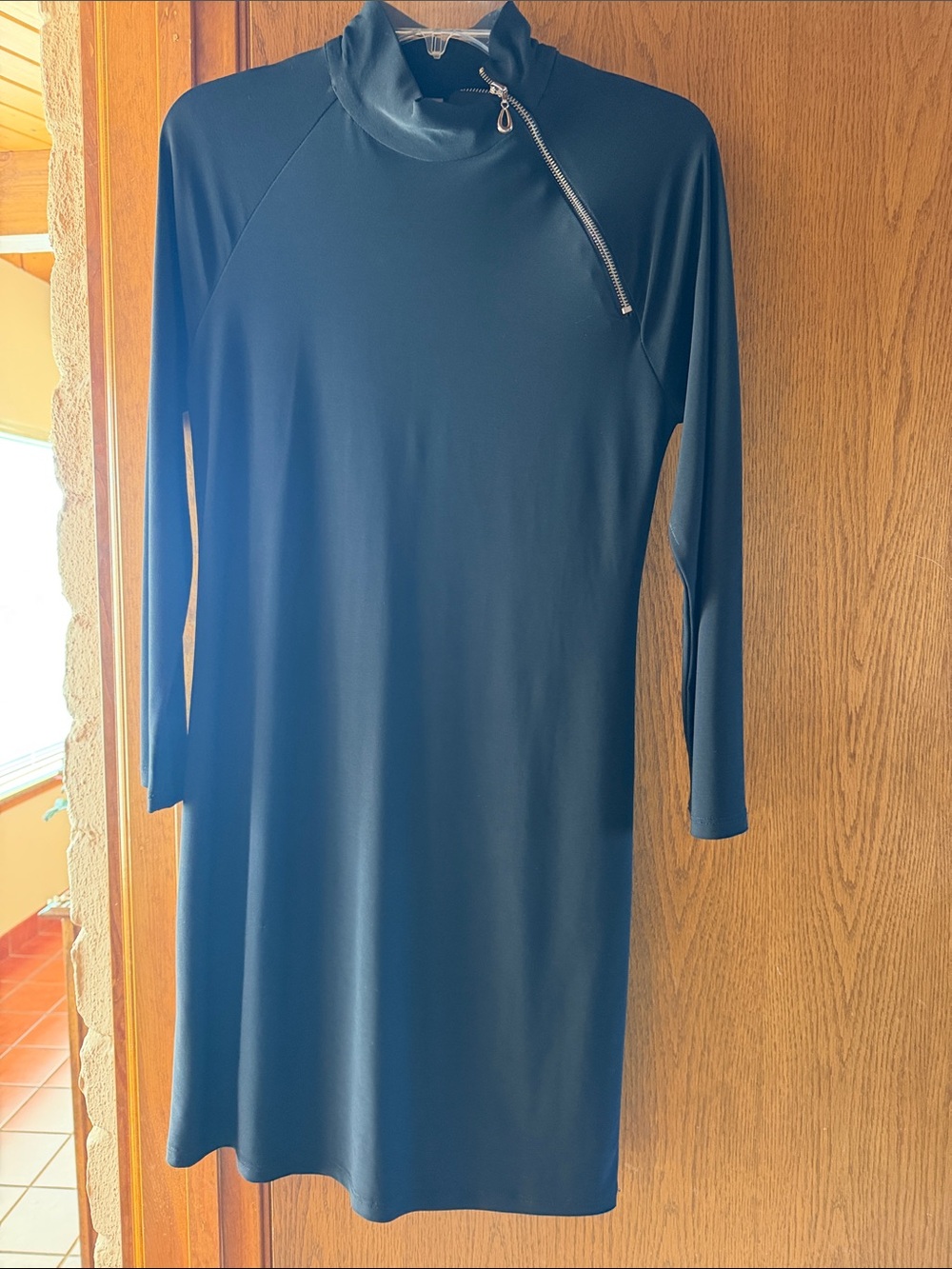 Last Tango Teal Long-Sleeve Mock Neck Dress with Angled Zip